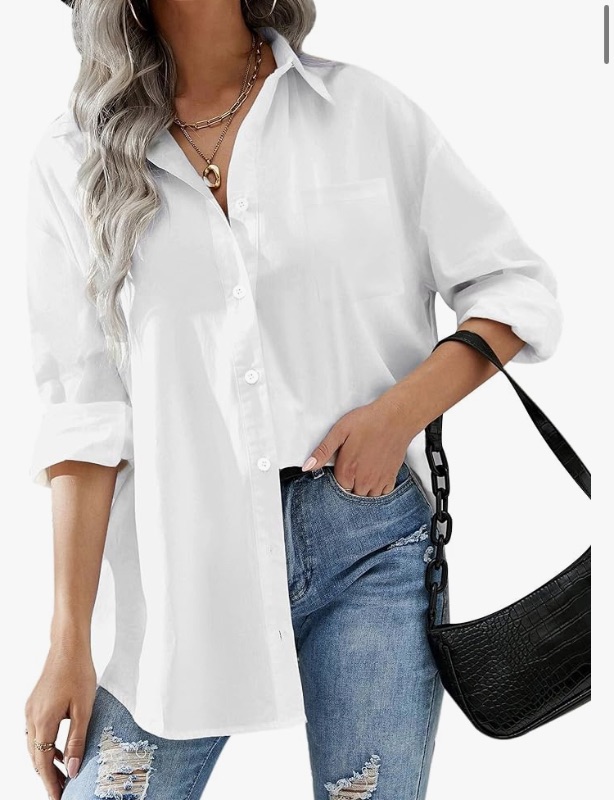 Photo 1 of HOTOUCH Women Button Down Shirts Office Drop Shoulder Oversized Blouse Long Sleeve Boyfriend Dress Shirt with Pocket