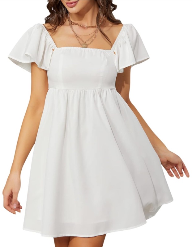 Photo 1 of EXLURA Womens 2024 Casual Short Sleeve Square Neck Cap Sleeve Dress High Waist A-Line Summer Smocked Back Mini Dresses