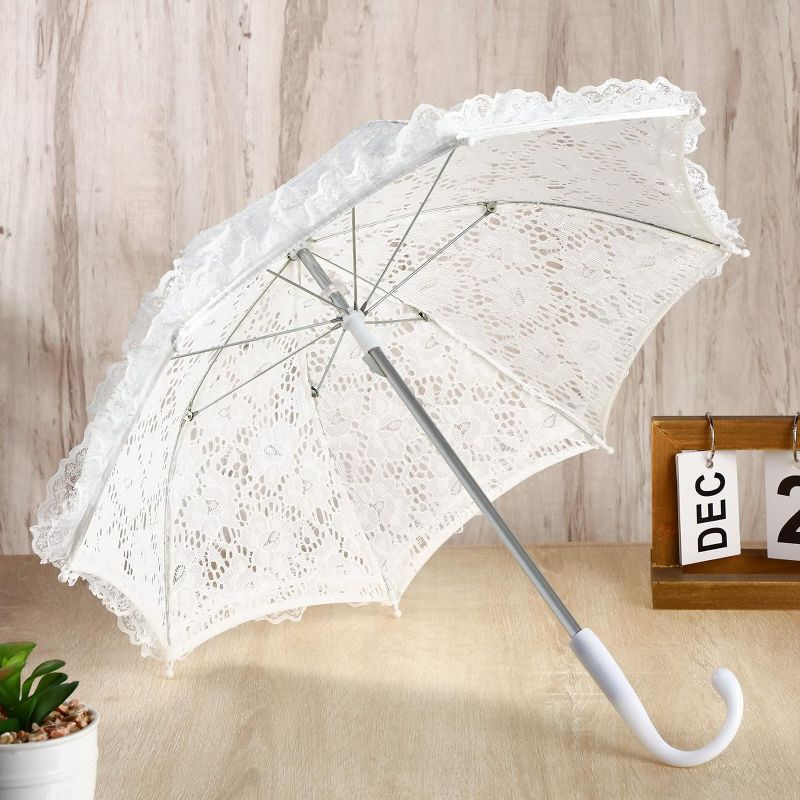 Photo 1 of  White Lace Parasol Umbrella Wedding Bridal Flowers Embroidery Umbrella Vintage Romantic Umbrella with Floral Lace Wrist Gloves for Women Wedding...
