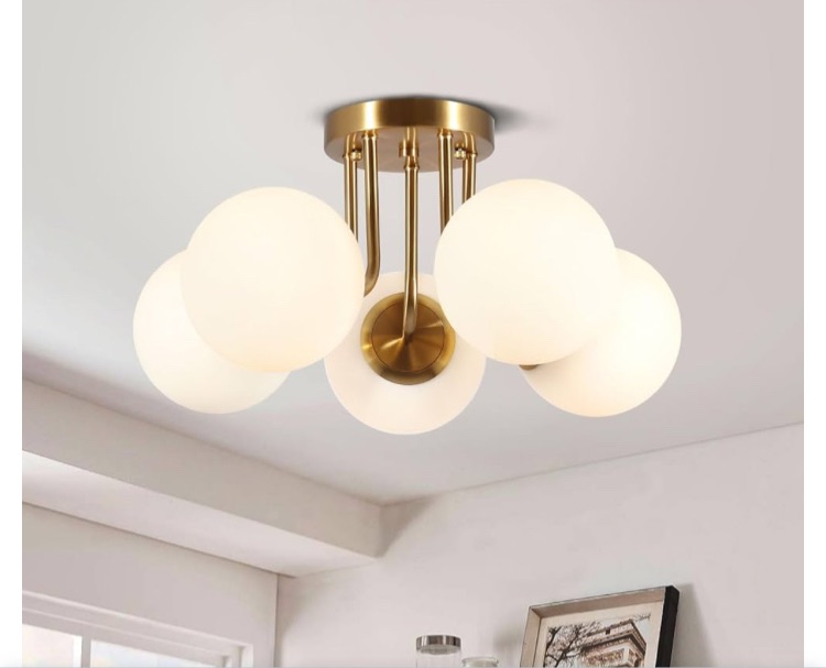 Photo 1 of (Missing 1 lights) Betkas 5-Lights Semi Flush Mount Ceiling Light Fixture Brushed Gold Light Fixture Bend Modeling with Milk Glass Globe for Bedroom,Living Room,Dinning Room Foyer Hallway