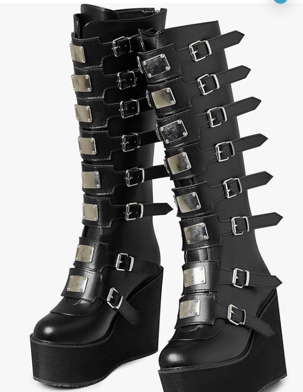 Photo 1 of AOSPHIRAYLIAN Womens Goth Knee High Boots Wedge High Heel Motorcycle Punk Combat Platform Boots