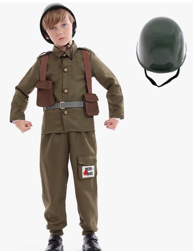 Photo 1 of Funivals Army Soldier Costume Kids?Unisex WWII Soldier Dress Up with Helmet?Halloween Cosplay Outfit Boys?Khaki