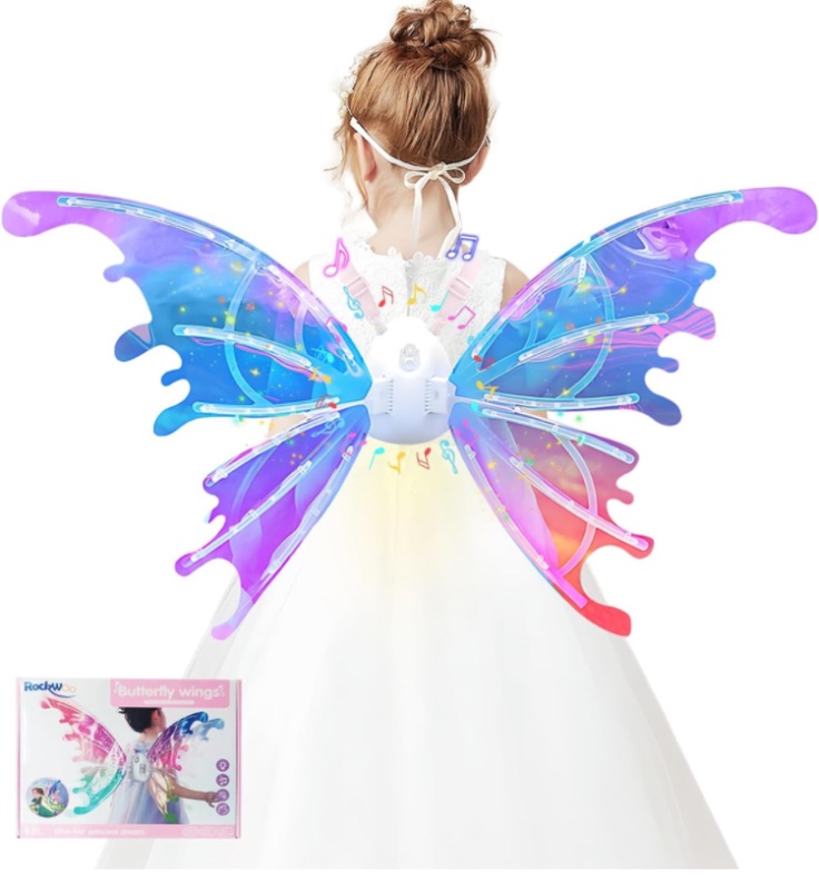 Photo 1 of Electric Fairy Wings for Girls - Light Up Butterfly Elf Wings with LED Lights and Music for Halloween Costume Dress Up for Kid Women Adult Christmas Birthday Gift - Moving Sparkling Glowing Wings