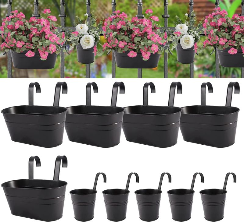 Photo 1 of 5pcs 5.5"x10.6" Metal Iron Hanging Flower Pots and 5pcs 3.8" Hanging Flower Pots Metal Iron Bucket Planter(Black)
