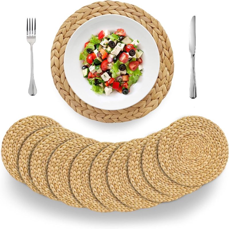 Photo 1 of (4 Sizes: 12"-13"-14"-15") BARIEN Woven Placemats Round Set of 10, Natural Water Hyacinth Weave Placemat for Dining Table, Large Handmade Woven Placemats Heat Resistant Non-Slip (14" - Set of 10)
