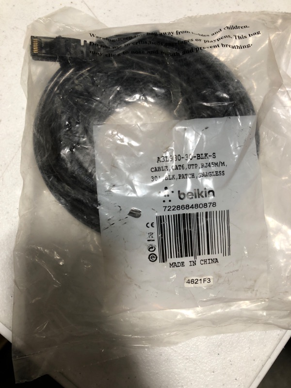 Photo 2 of Belkin 30-Feet RJ45 Cat6 Snagless Patch Network Cable, Black (A3L980-30-BLK-S) 30-Foot Black