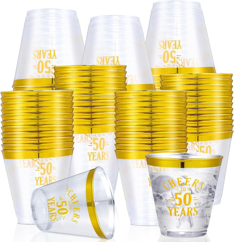 Photo 1 of 100 Pcs Cheers to 50 Years Clear Plastic Cups 9 oz Plastic Cups Clear Disposable Cups 50th Birthday Cups for Wine Cocktail Party Favors Wedding Anniversary Supplies (Gold, 50th Birthday)