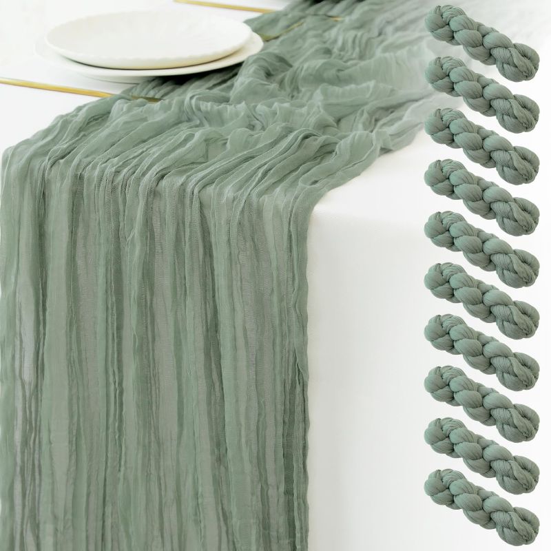 Photo 1 of 10 Pack Sage Green Cheesecloth Table Runners 35 x 120 Inches Boho Gauze Table Runner Cheese Cloth for Wedding Decor, Bridal and Baby Shower, Tea Party, Dessert Table, St. Patrick's Day