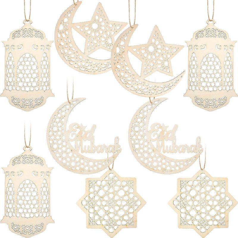 Photo 1 of 9-Piece Wooden Ramadan Kareem Hollow Decoration for Eid Party | Moon, Star, Wind Light Shape Pendant Ornaments | Rustic Hanging Sign