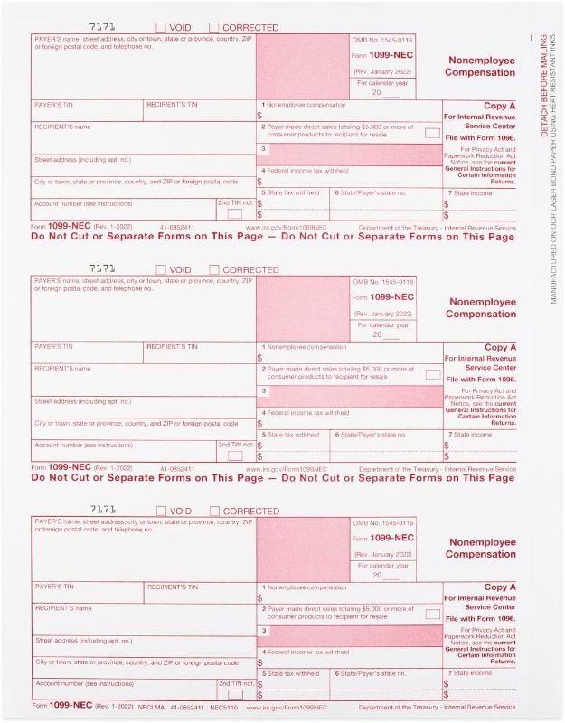 Photo 1 of  Pack 1099 NEC Forms 2023, 3 Part 50 Pack Laser Tax Forms Kit Pack of Federal/State Copy and 1096 Great for QuickBooks and Accounting Software, 2023,1099...