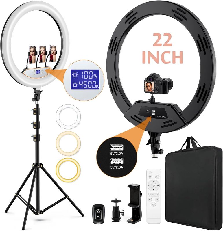 Photo 1 of 22" LED Ring Light, with 75" Tripod/LCD Display/3+1 Phone Clips/ 2 USB Ports/Wireless Remote, Adjustable 2600K-6500K Color Temperature, for YouTube Facebook Live TikTok Video Recording Vlog