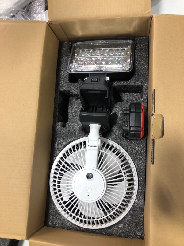 Photo 2 of LED Work Light and Jobsite Fan with 1 Pcs 20v 1.5Ah Rechargeable Battey and Charger, Cordless 48W 6600LM Battery Light and Works Fan Fast Charging with Dual USB Ports, 120° Adjustable Head