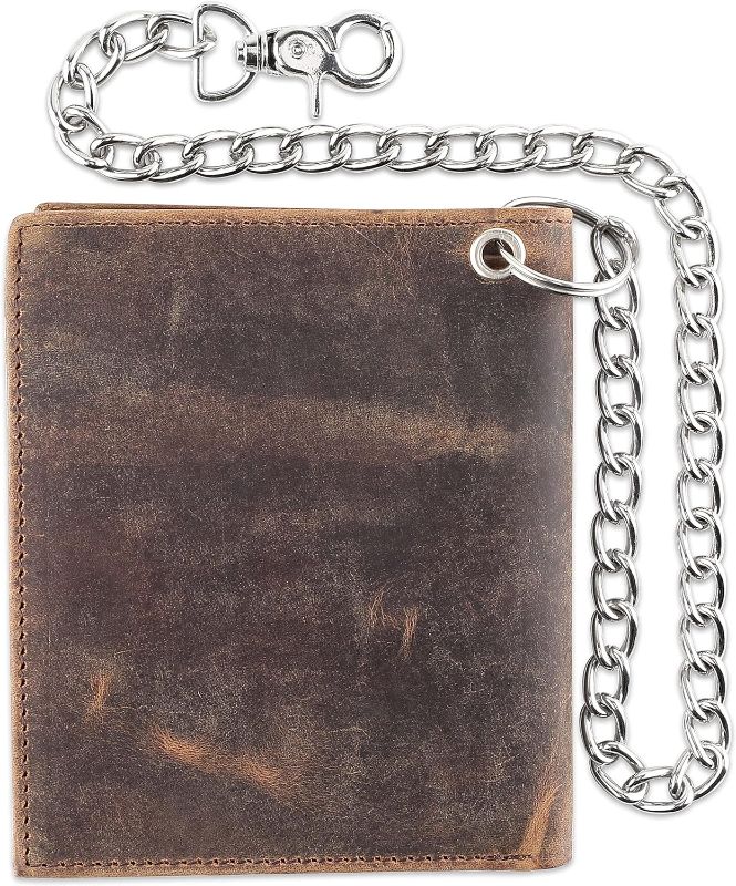 Photo 1 of F&L CLASSIC Mens Chain Wallet Large Capacity | RFID Blocking | Buffalo vintage Leather | Bi-Fold Big Hipster