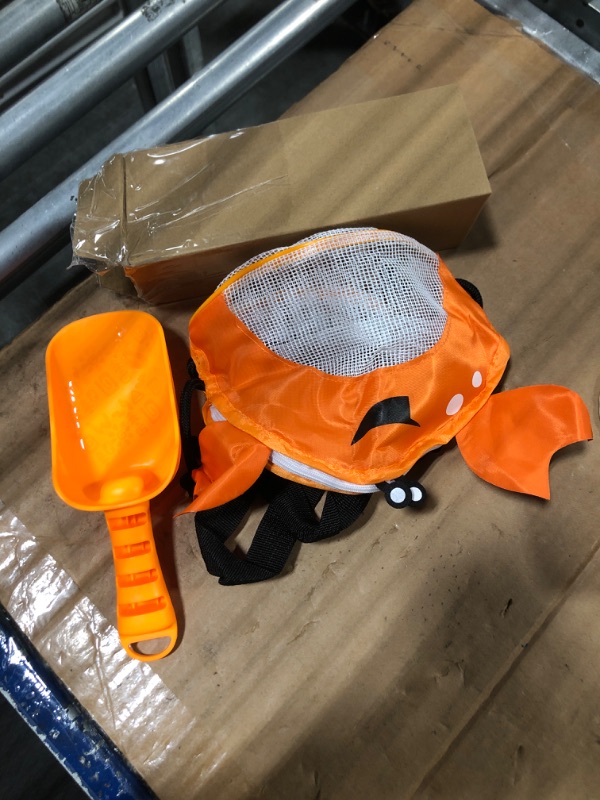 Photo 2 of AMOR PRESENT Mesh Beach Bag for Kids, Shell Collecting Bag with Shovel Crab-Shaped Seashell Bag Adjustable Strap for Holding Shell Sea Pool Sand Toy, Orange