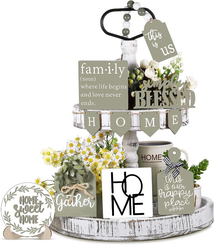 Photo 1 of 11 Pieces Farmhouse Tiered Tray Decor Wood Sign Rustic Home Sweet Home Simply Blessed This is Us Wooden Beads Tray Decorations Set for Home Kitchen Table Shelf