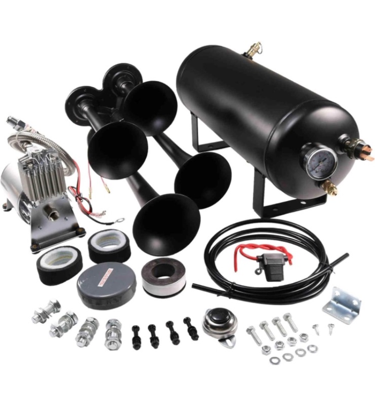 Photo 1 of 12V 4 Trumpets Train Horn Kit 150psi Complete Onboard System - 150psi Air Compressor, 1.5 Gallon Air Tank, 4 Trumpets. Fits Any Vehicle/Truck/Car/Semi/Pickup/Jeep/RV/SUV Super Loud 