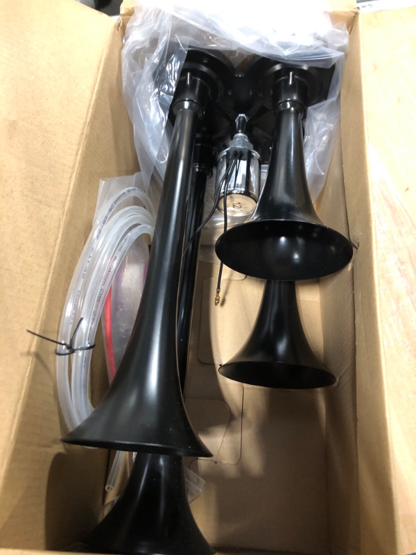 Photo 1 of 12V 4 Trumpets Train Horn Kit 150psi Complete Onboard System - 150psi Air Compressor, 1.5 Gallon Air Tank, 4 Trumpets. Fits Any Vehicle/Truck/Car/Semi/Pickup/Jeep/RV/SUV Super Loud 