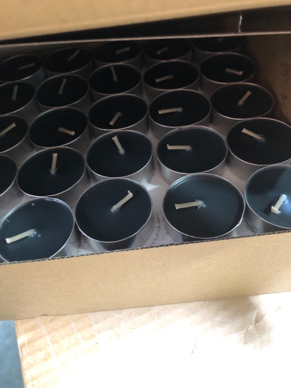 Photo 1 of 100 Pack-Black Tealight Candles - 4 Hour Long time Burning, Smokeless Tea Light Unscented Candles for Shabbat, Weddings, Halloween,Christmas,Home Decorative Black 100 Pack