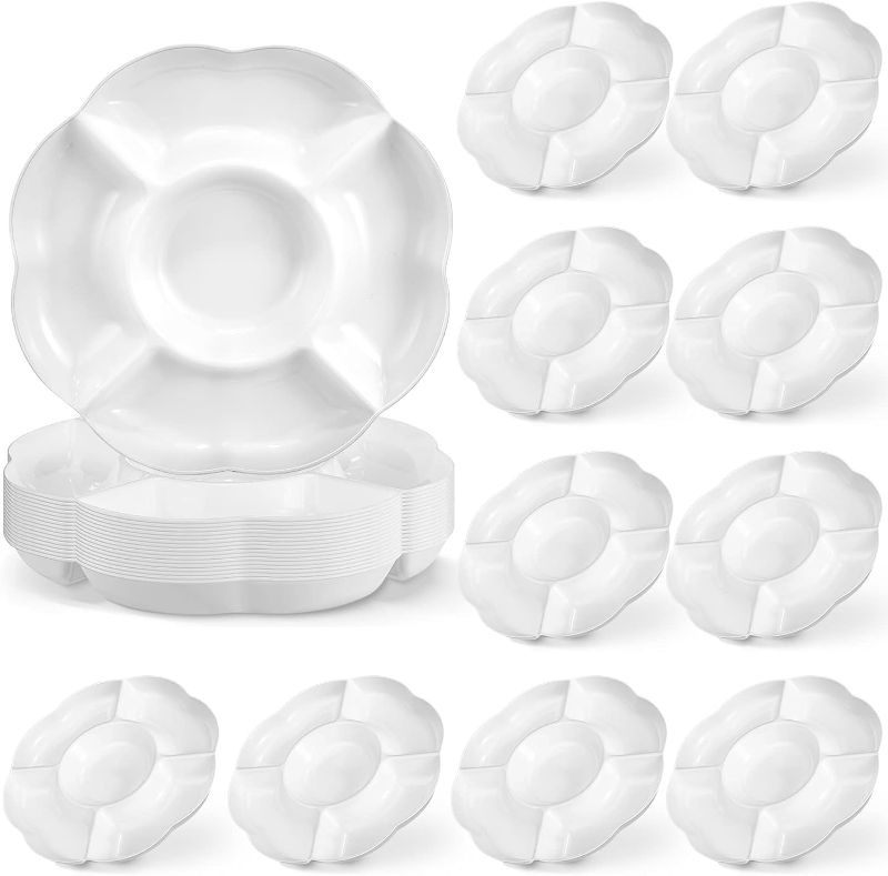 Photo 1 of 16 Pack 5 Sectional Plastic Serving Trays Round White Chips and Dip Tray Fruit Appetizer Serving Plate 10 Inch Veggie Platter Tray Divided Snack Serving Tray for Party Nut Candy Fruit Dish Platter