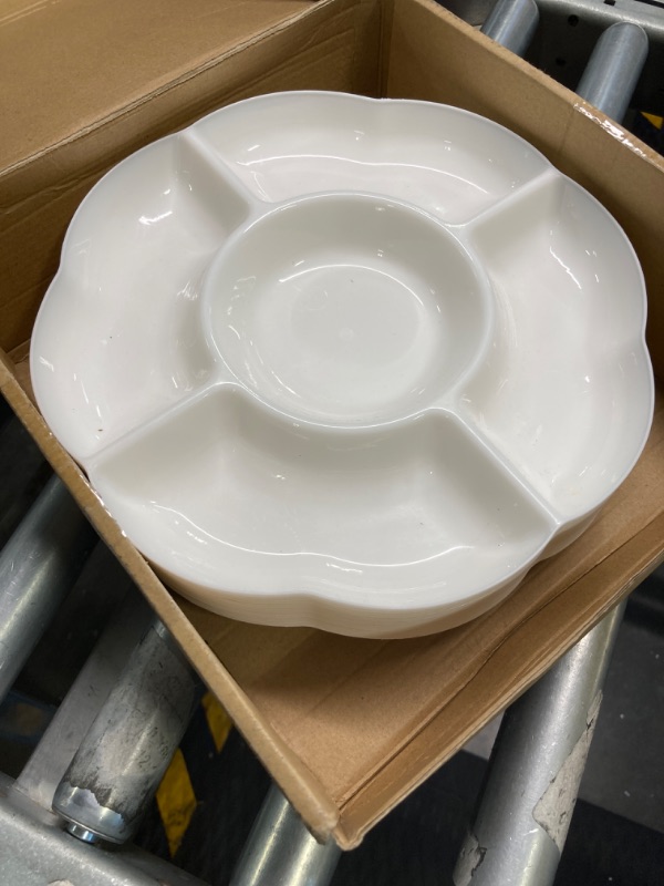 Photo 3 of 16 Pack 5 Sectional Plastic Serving Trays Round White Chips and Dip Tray Fruit Appetizer Serving Plate 10 Inch Veggie Platter Tray Divided Snack Serving Tray for Party Nut Candy Fruit Dish Platter