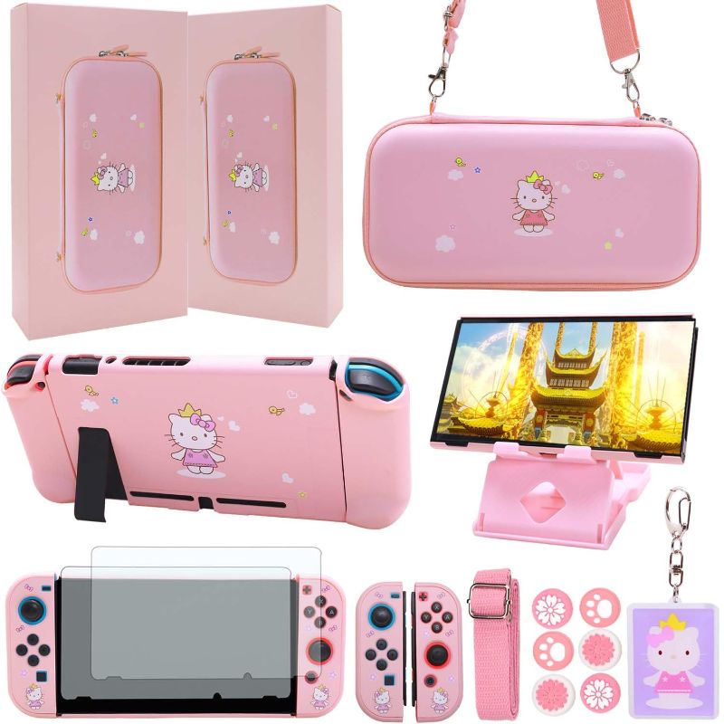 Photo 1 of Accessories Bundle for Nintendo Switch - Cute Kawaii NS Accessories kit for Grils Boys Kids with Travel Carrying Case and Cartoon Dockable Protective Cover Case, Screen Protector, Stand - Pink