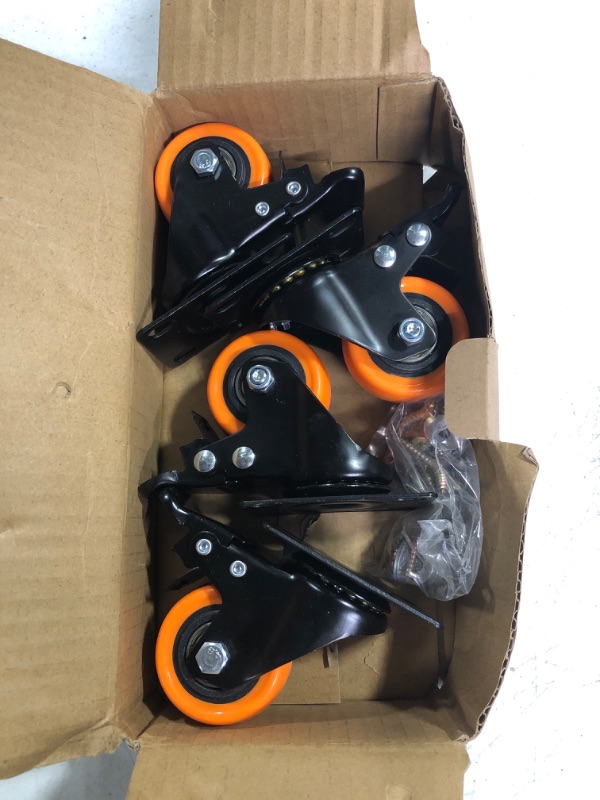 Photo 3 of 2" Caster Wheels Load 600 Lbs, Orange Polyurethane Castors, Top Plate Swivel Wheels, Casters Set of 4, Locking Casters for Furniture and Workbench, Heavy Duty Casters, 4 Pack Casters with Brake 2 inch caster