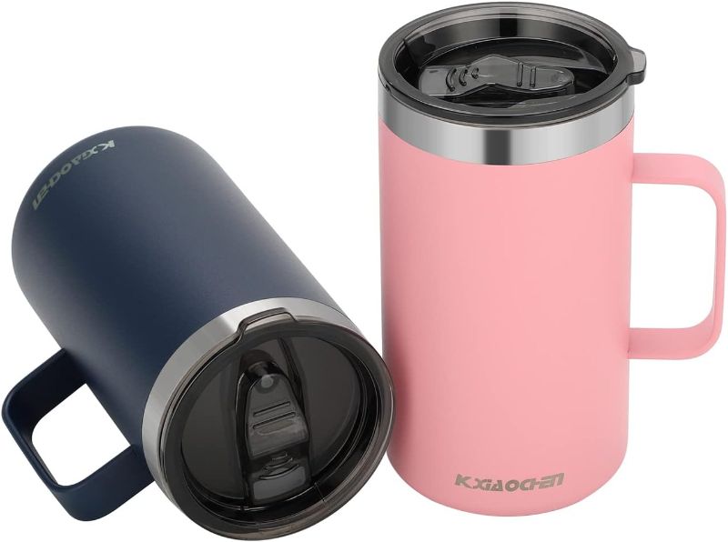 Photo 1 of 20oz Insulated Coffee Mug with Lid, Stainless Steel Coffee Cup, Double Wall Vacuum Coffee Tumbler with Handle, Premium Thermal Travel Coffee Mug (Pink Navy 2Pack)
