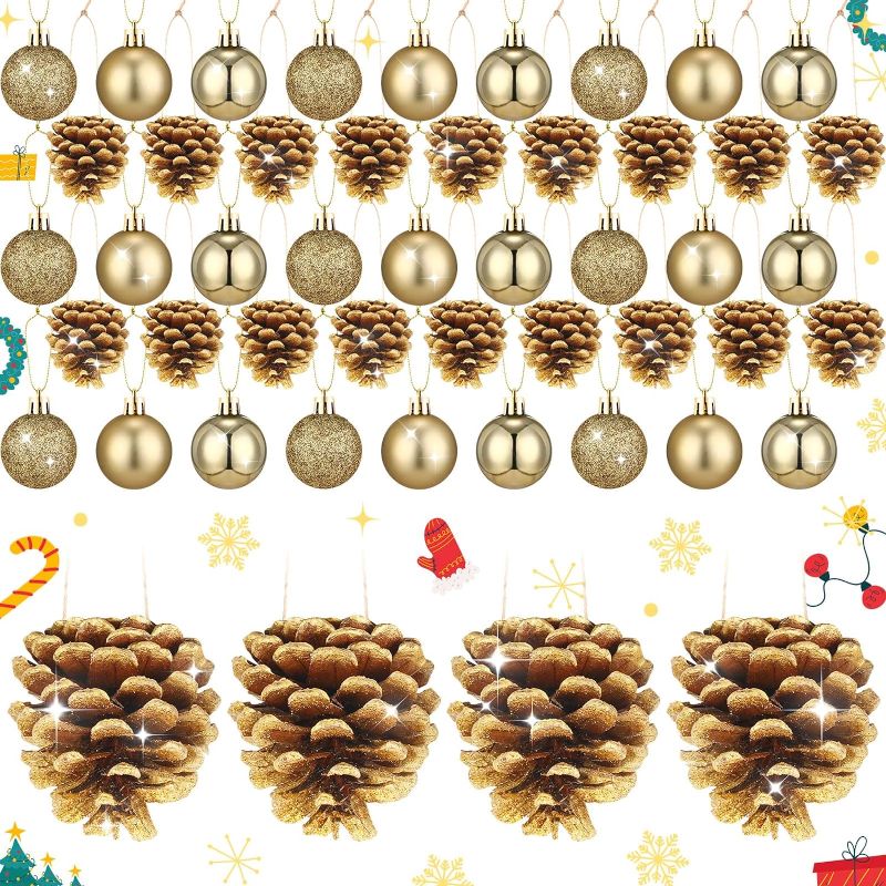 Photo 1 of 42 Pcs Christmas Ornaments Including 24 Pcs Xmas Ball Ornament and 18 Pcs Pinecones Ornaments Hanging Christmas Tree Ornaments Christmas Balls Pinecones for Crafts Party Decoration (Gold