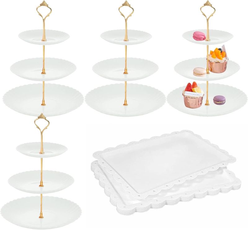 Photo 1 of 10 Pcs White Plastic Cake Stand, 4 Pcs 3 Tier Dessert Display Stands Cookie Tray Rack Serving Tray Cake Display Tower and 6 Pcs Dessert Trays for Wedding Baby Shower Tea Party (White