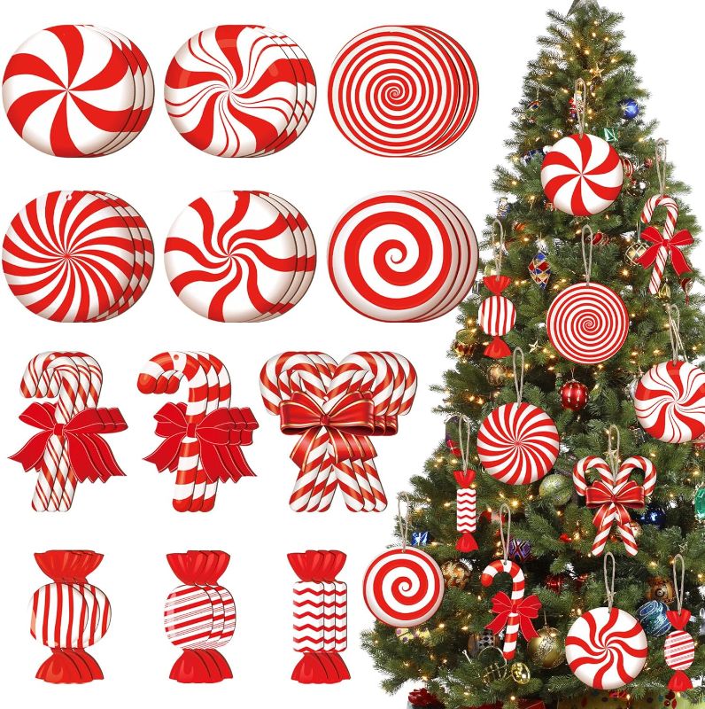 Photo 1 of 36 Pieces Christmas Tree Candy Cane Ornaments Xmas Wooden Hanging Peppermint Candy Swirl Ornaments Lollipop Candy Cane for Christmas Tree Party Decoration (Funny Style)