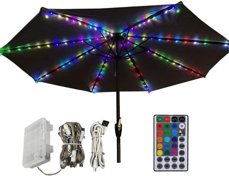 Photo 1 of 2 Pcs Patio Umbrella Lights Outdoor Strings Lights with 104 LEDs 16 Colors RGB Lighting 2 in 1 USB Battery Powered Remote Control Waterproof Outdoor Pole Lights for Beach Deck Garden Party Decoration