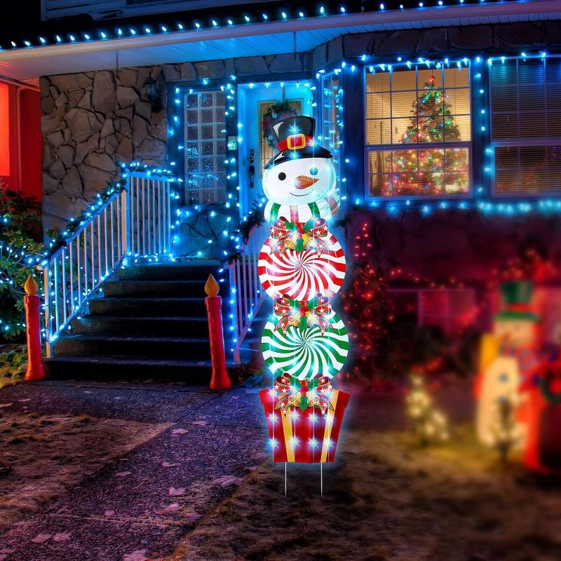 Photo 1 of 54 Inch Christmas Snowman Decorations with String Lights for Outdoor Yard, Christmas Yard Signs Stakes Pathway Lights Lawn Patio Garden Decor for Holiday New Year