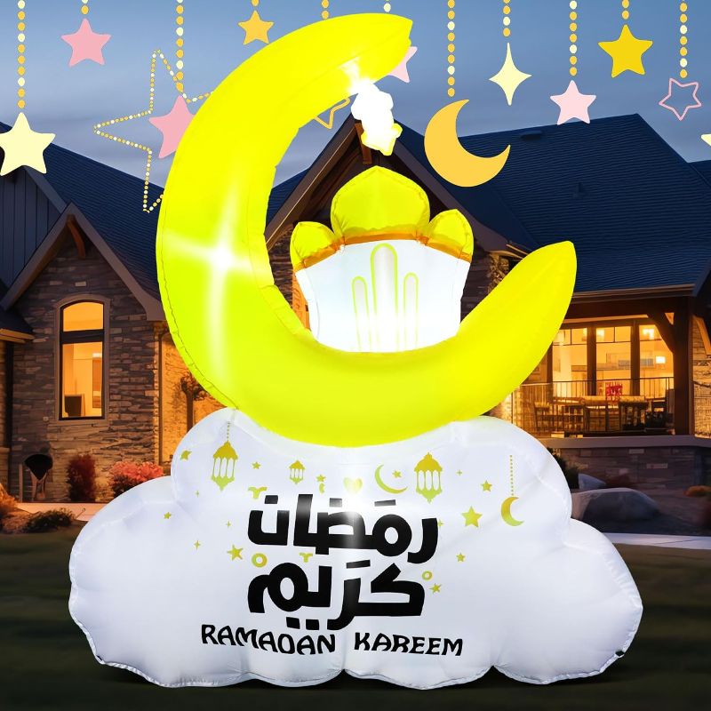 Photo 1 of 5.9ft Mubarak Crescent Moon Inflatable Blow up Outdoor Yard Decorations LED Islamic Eid Decor for Muslim Holidays Ramadan and Eid Holy Celebration Decor for Fasting Introspection Prayer