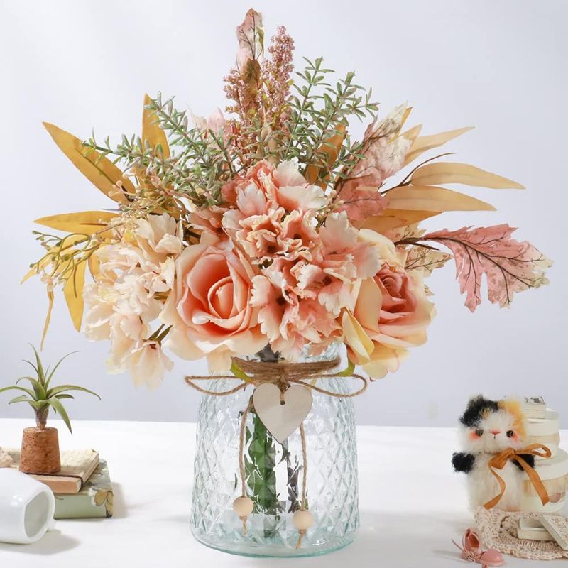 Photo 1 of Silk Rose Flowers in Vase, Artificial Flowers Arrangement with Glass Vase Faux Hydrangea Rose for Decoration Table Centerpiece (Hydrangea Rose Pink)