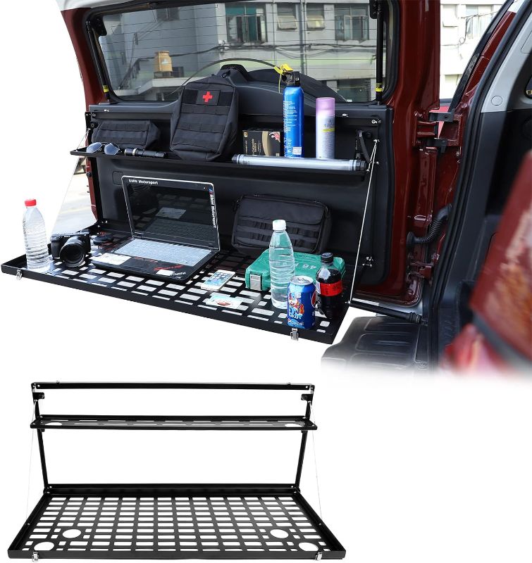 Photo 1 of LLKUANG Car Trunk Rear Door Foldable Table Cargo Shelf Storage Tailgate Table for Toyota FJ Cruiser 2007-2021 Alloy Multifunctional Storage Tray Organizer Rack