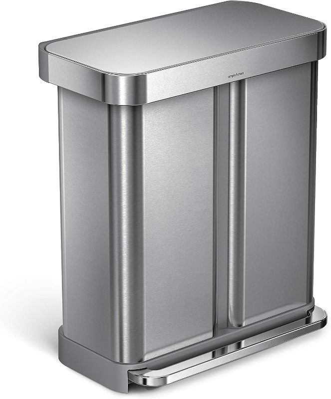 Photo 1 of ***VERY USED AND DAMAGE*** simplehuman 58 Liter / 15.3 Gallon Rectangular Hands-Free Dual Compartment Recycling Kitchen Step Trash Can with Soft-Close Lid, Brushed Stainless Steel