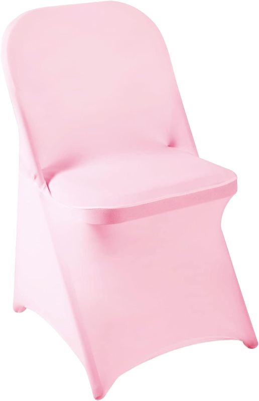 Photo 1 of  Folding Chair Covers for Party 100pcs, Pink Universal Spandex Chair Covers for Folding Chairs, Stretchy Fitted Chair Covers for Wedding, Party, Banquet, Conference (100pcs, Pink)