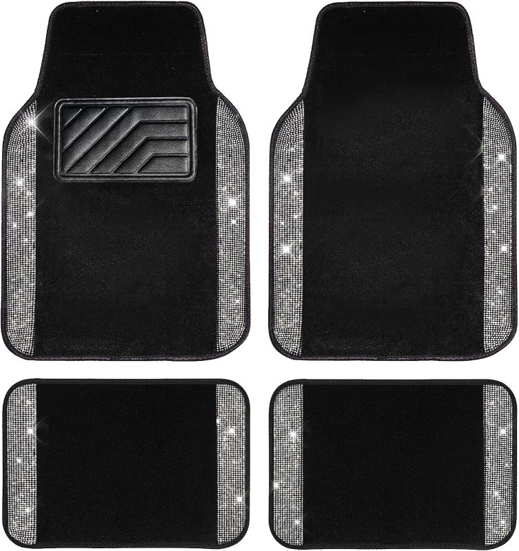 Photo 1 of CAR PASS Bling Diamond Car Floor Mats, Shining Rhinestone Carpet Sparkly Glitter Crystal with Anti-Slip PVC Heel Pad Waterproof Universal Fit Automotive SUV,Sedan,Van,Cute Girl Women,4pcs Black Sliver