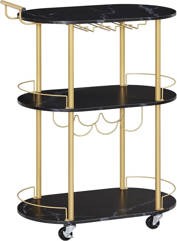 Photo 1 of Bar Cart Gold, 3-Tier Home Bar Serving Cart with Lockable Wheels, Rolling Kitchen Cart with Wine Rack and Glass Holders, Mini Bar with Arc Fence for Party Marble Black and Gold DB60TC01