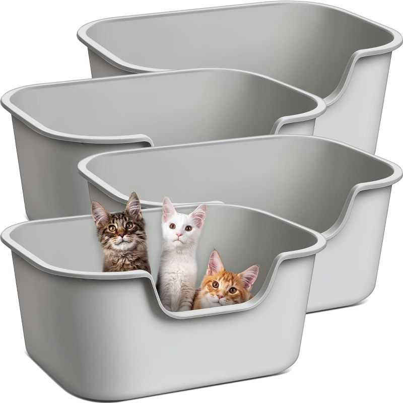 Photo 1 of 4  Pcs High Wall Cat Litter Box Extra Large High Sides Cat Litter Pan Low Entry Cat Litter Box Indoor Anti Splashing Open Top Pet Litter Tray Large Space Easy to Clean (Grey)