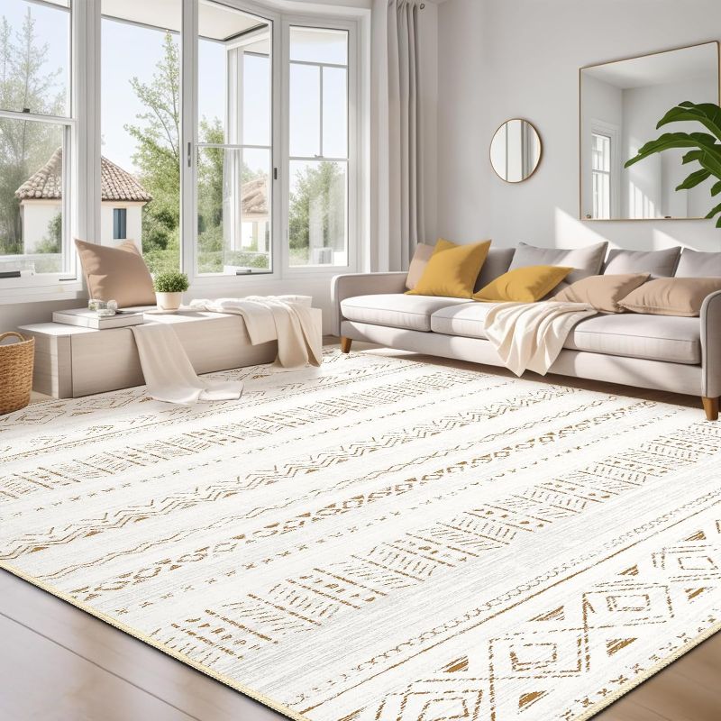 Photo 1 of Large Living Room Area Rug 8x10: Soft Machine Washable Boho Moroccan Farmhouse Rugs for Bedroom Under Dining Table - Non Slip Neutral Morden Indoor Floor Carpet for Home Office Decor - Brown/Cream