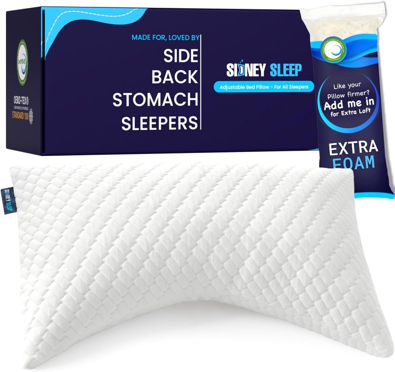 Photo 1 of Sidney Sleep Pillow for Side and Back Sleepers - Comfort for Neck and Shoulder Pain - Adjustable and Customizable Shredded Memory Foam Filling - Queen Size - Includes Additional Foam Fill (White)