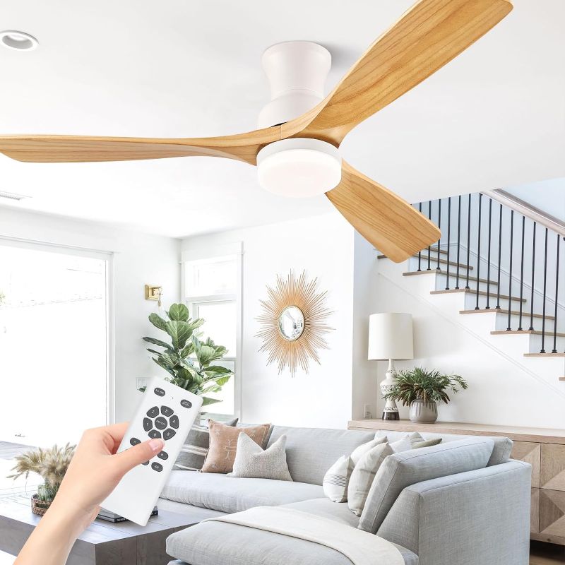 Photo 1 of 60" Flush Mount Ceiling Fan with Lights, 60 inch Ceiling Fans with Remote Control, Low Profile Ceiling Fan for Outdoor Patios,3 Blades, Quiet Reversible DC Motor, ETL Listed(Nature Wood)