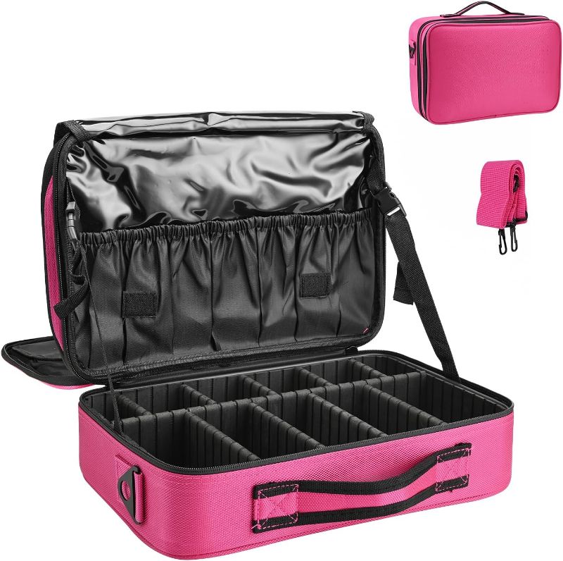 Photo 1 of 13.5 Inch Makeup Bag travel organizer Cosmetic Case Professional Artist Storage Bag with Adjustable Dividers for Women Cosmetics Brushes Toiletry, Hot Pink