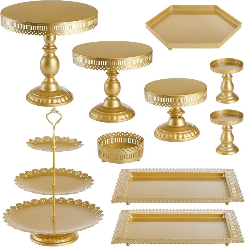 Photo 1 of *****SOME DAMAGE//PARTIAL SET***** 
13 Pcs Gold Cake Stand Set Metal Cupcake Holder Gold Dessert Table Display Stand Trays Set Pastry Cookies Candy Table Serving Plate Tower Tray Platter for Baby Shower Wedding Birthday Party Decor