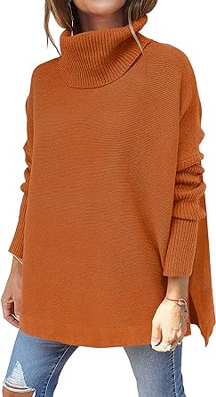 Photo 1 of Large Women's Turtleneck Oversized Sweaters 2023 Fall Long Batwing Sleeve Spilt Hem Tunic Pullover Sweater Knit Tops