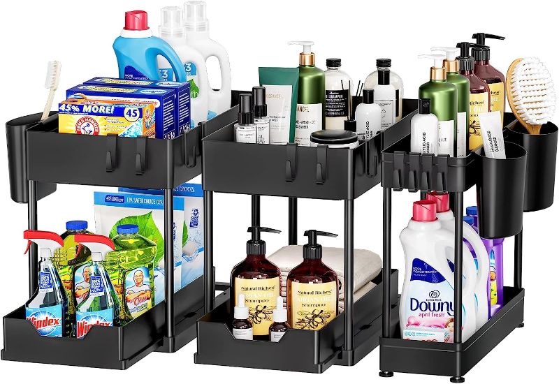 Photo 1 of 3 Pack Puricon Under Sink Organizer Pull Out Under Sink Storage, 2 Tier Multi-Purpose Sliding Under the Sink Organizer Bathroom Kitchen Sink Organizer Under Cabinet Shelf for Cleaning Supplies -Black 3 Black