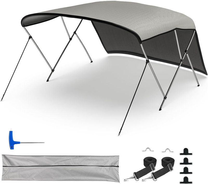 Photo 1 of 3 Bow Bimini Tops for Boats, Boat Sun Shade Boat Canopy UV-Proof 800D High-Tech Polyester Fiber with Support Poles and Front/Rear Side Sunshade Cloth, 67-72" W, (Gray)