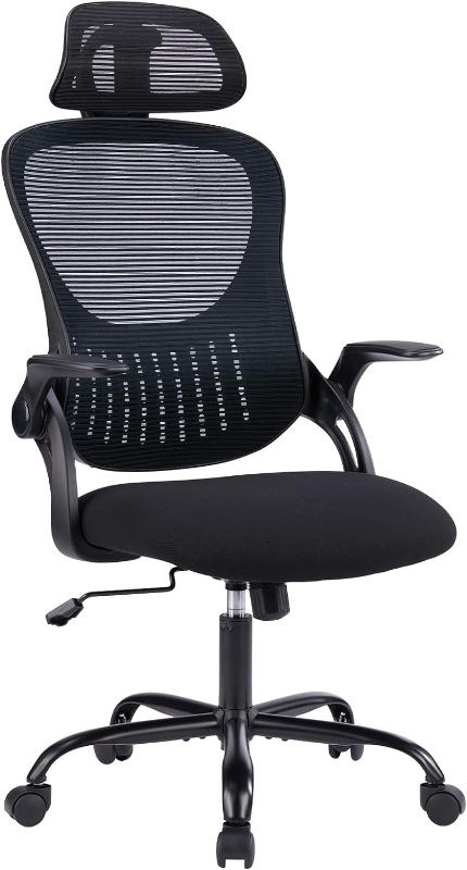 Photo 1 of Ergonomic Office Computer Desk Chair, Mesh High Back Rolling Swivel Adjustable Task Chair with Headrest and Flip-up Armrests, Lumbar Support Executive Chair with Wheels for Home Office, Black