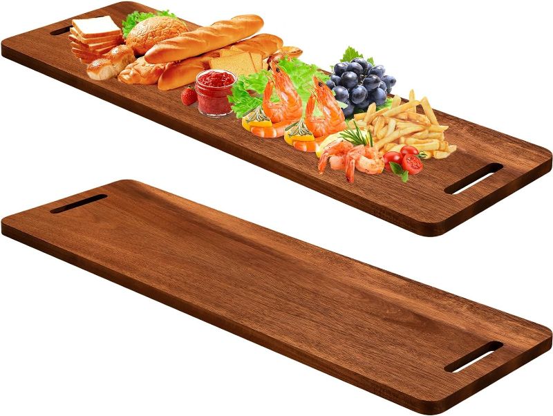 Photo 1 of 2 Pcs 36 x 12 Inch Acacia Wooden Charcuterie Boards Acacia Serving Board with Handle Rectangular Acacia Wood Tray Wooden Serving Platter Natural Wood Server for Cheese Food (Hollow Handle)